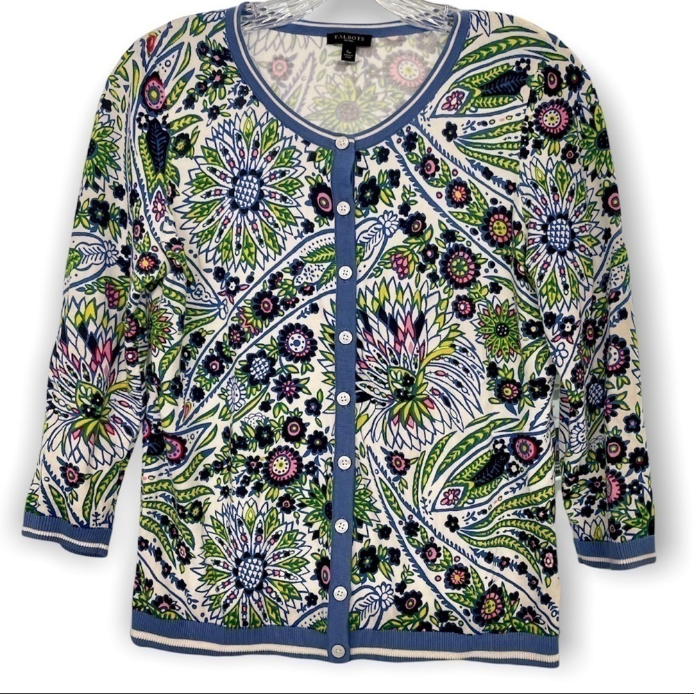 Talbots Floral Abstract Lightweight Cardigan Button Down 3/4 Sleeves, Sz SP‌‌‌‍‍